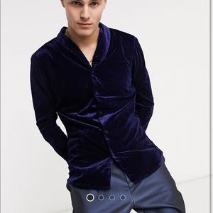 Skinny fit velvet shirt with shawl collar in navy